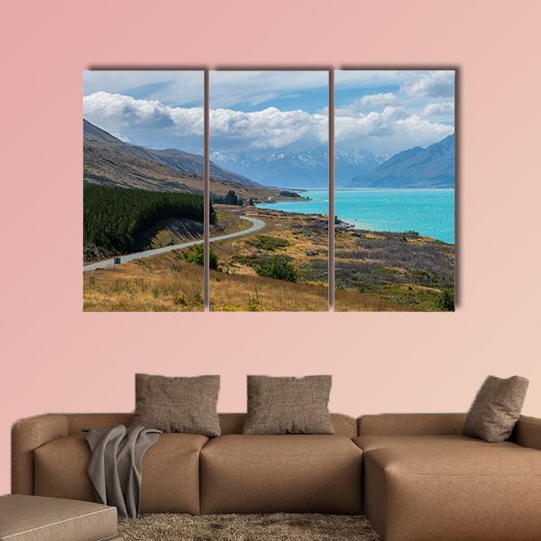 Asphalt Road Along Lake Pukaki Canvas Wall Art-3 Horizontal-Gallery Wrap-37" x 24"-Tiaracle