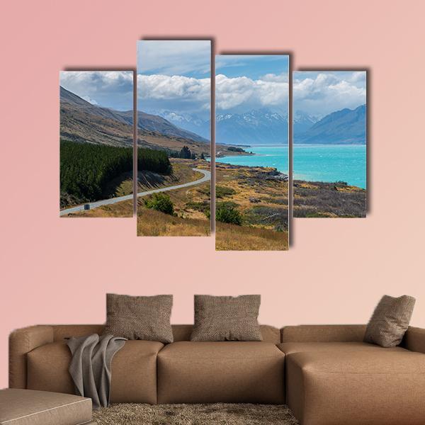 Asphalt Road Along Lake Pukaki Canvas Wall Art-4 Pop-Gallery Wrap-50" x 32"-Tiaracle