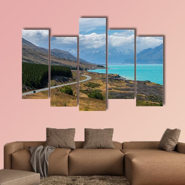 Asphalt Road Along Lake Pukaki Canvas Wall Art-5 Pop-Gallery Wrap-47" x 32"-Tiaracle