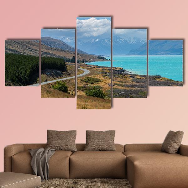Asphalt Road Along Lake Pukaki Canvas Wall Art-4 Pop-Gallery Wrap-50" x 32"-Tiaracle