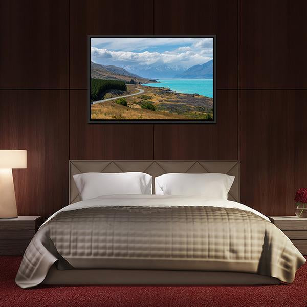 Asphalt Road Along Lake Pukaki Panoramic Canvas Wall Art-1 Piece-36" x 12"-Tiaracle