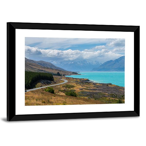 Asphalt Road Along Lake Pukaki Panoramic Canvas Wall Art-1 Piece-36" x 12"-Tiaracle