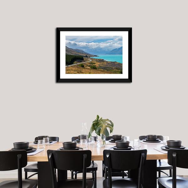 Asphalt Road Along Lake Pukaki Panoramic Canvas Wall Art-1 Piece-36" x 12"-Tiaracle