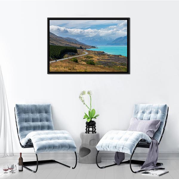 Asphalt Road Along Lake Pukaki Panoramic Canvas Wall Art-1 Piece-36" x 12"-Tiaracle