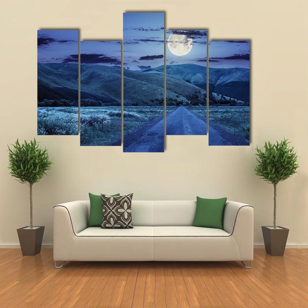 Asphalt Road At Night Canvas Wall Art-5 Pop-Gallery Wrap-47&quot; x 32&quot;-Tiaracle