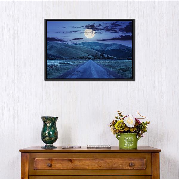 Asphalt Road At Night Canvas Wall Art-1 Piece-Floating Frame-24" x 16"-Tiaracle