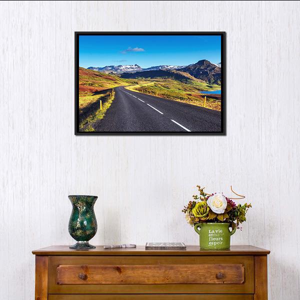 Asphalt Road In Iceland Canvas Wall Art-1 Piece-Floating Frame-24&quot; x 16&quot;-Tiaracle