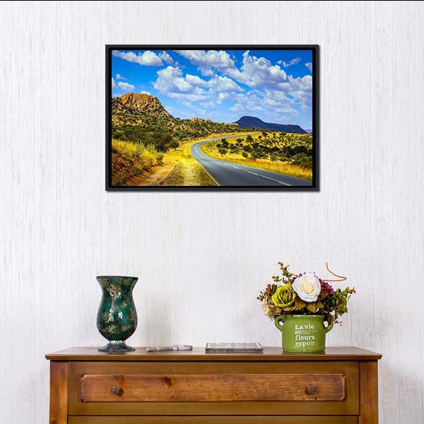 Asphalt Road In Namibia Canvas Wall Art-1 Piece-Floating Frame-24&quot; x 16&quot;-Tiaracle