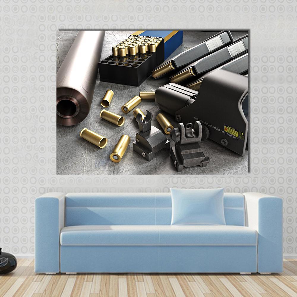 Assault Rifle Accessories Canvas Wall Art in black, gray and gold, single panel hung on a wall