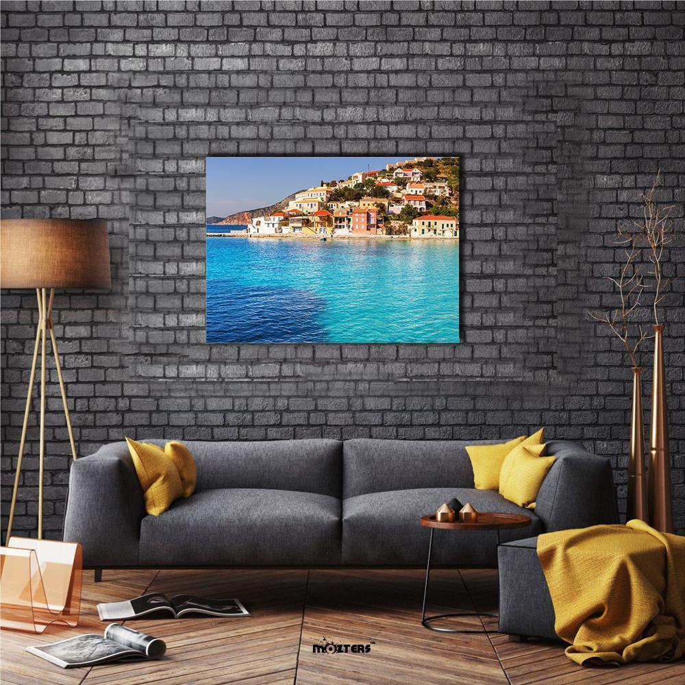 Assos Village, Kefalonia Seaside Town Canvas Wall Art in blue and multicolor, single panel hung on a wall