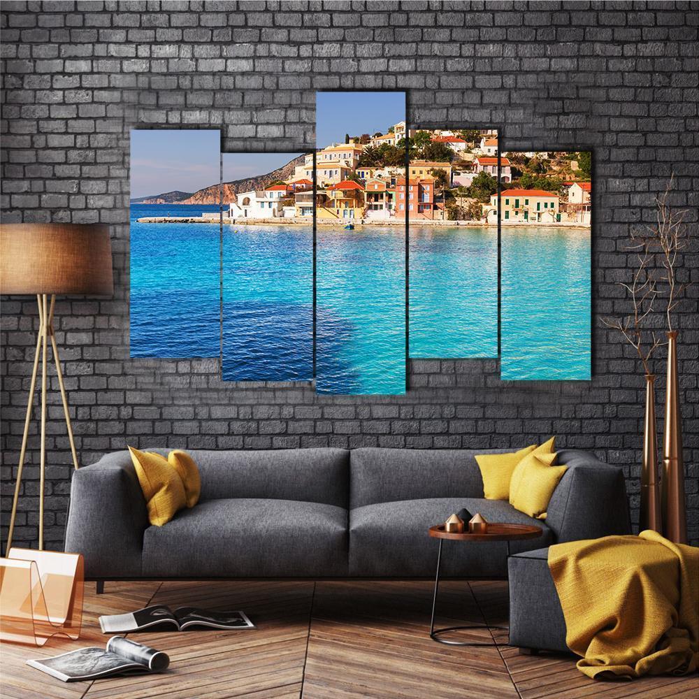 Assos Village Kefalonia Canvas Wall Art-5 Pop-Gallery Wrap-47" x 32"-Tiaracle