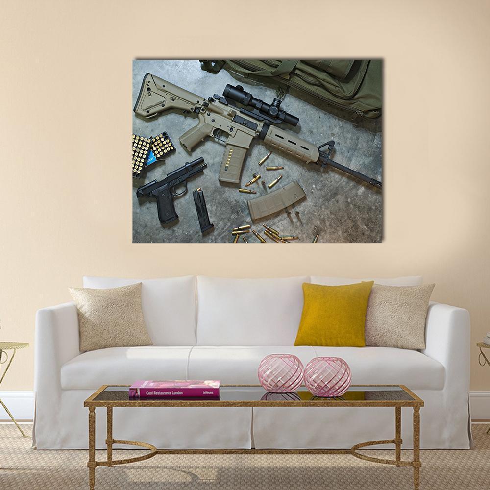 Assault Rifle and Pistol Artwork Canvas Wall Art in black, gray and beige, single panel hung on a wall