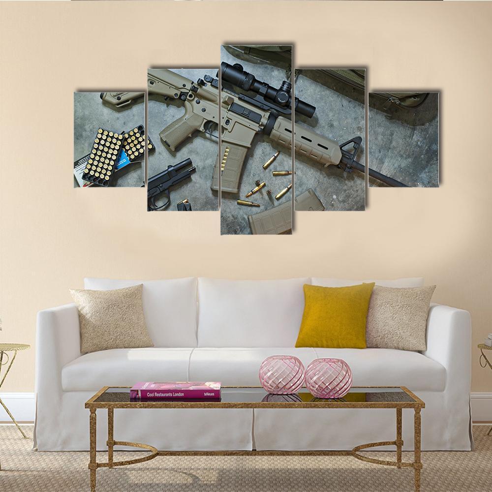 Assualt Rifle &amp; Pistol Canvas Wall Art-5 Star-Gallery Wrap-62" x 32"-Tiaracle