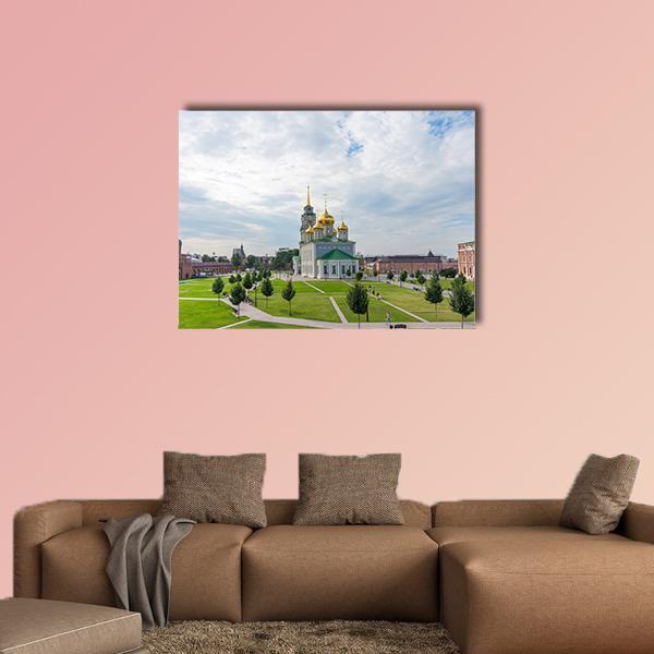 Epiphany Cathedral with Golden Domes Canvas Wall Art in white, green and blue, single panel hung on a wall