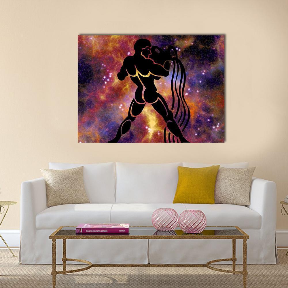 Aquarius Water Bearer Nebula Silhouette Canvas Wall Art in black, orange and purple, single panel hung on a wall