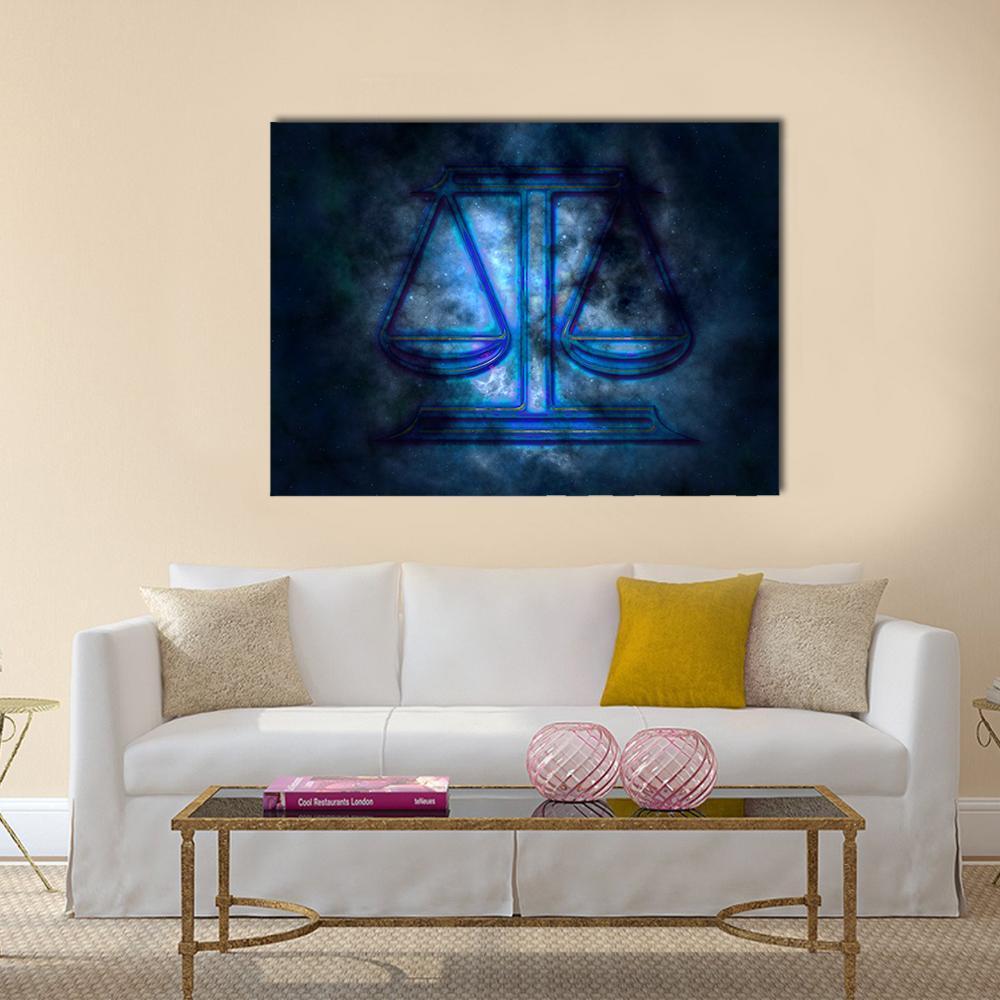 Libra Scales in Cosmic Nebula Canvas Wall Art in black, blue and purple, single panel hung on a wall