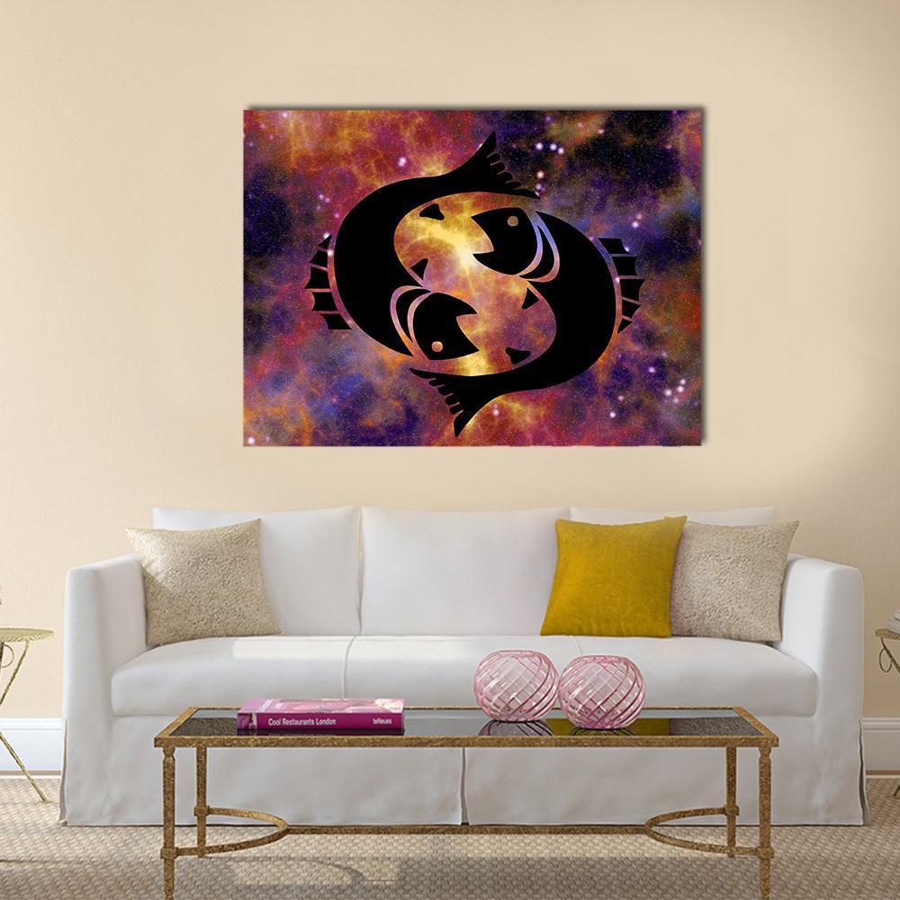 Pisces Yin Yang Fish Nebula Canvas Wall Art in black, orange and purple, single panel hung on a wall