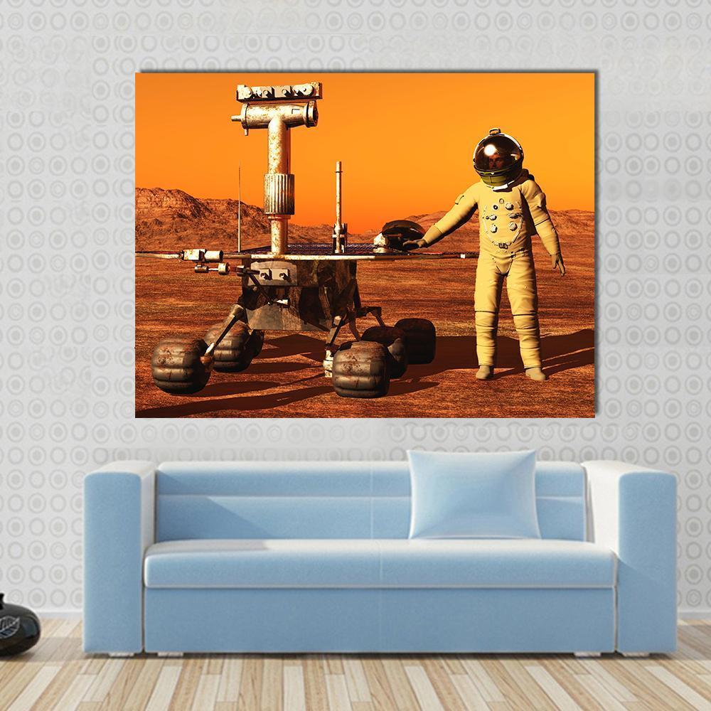 Astronaut and Mars Rover Canvas Wall Art in brown, orange and yellow, single panel hung on a wall