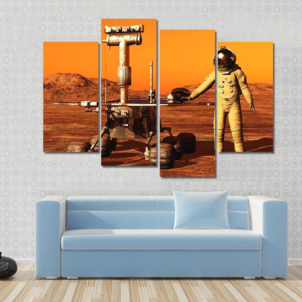 Astronaut & Mars Rover Canvas Wall Art-4 Pop-Gallery Wrap-50" x 32"-Tiaracle