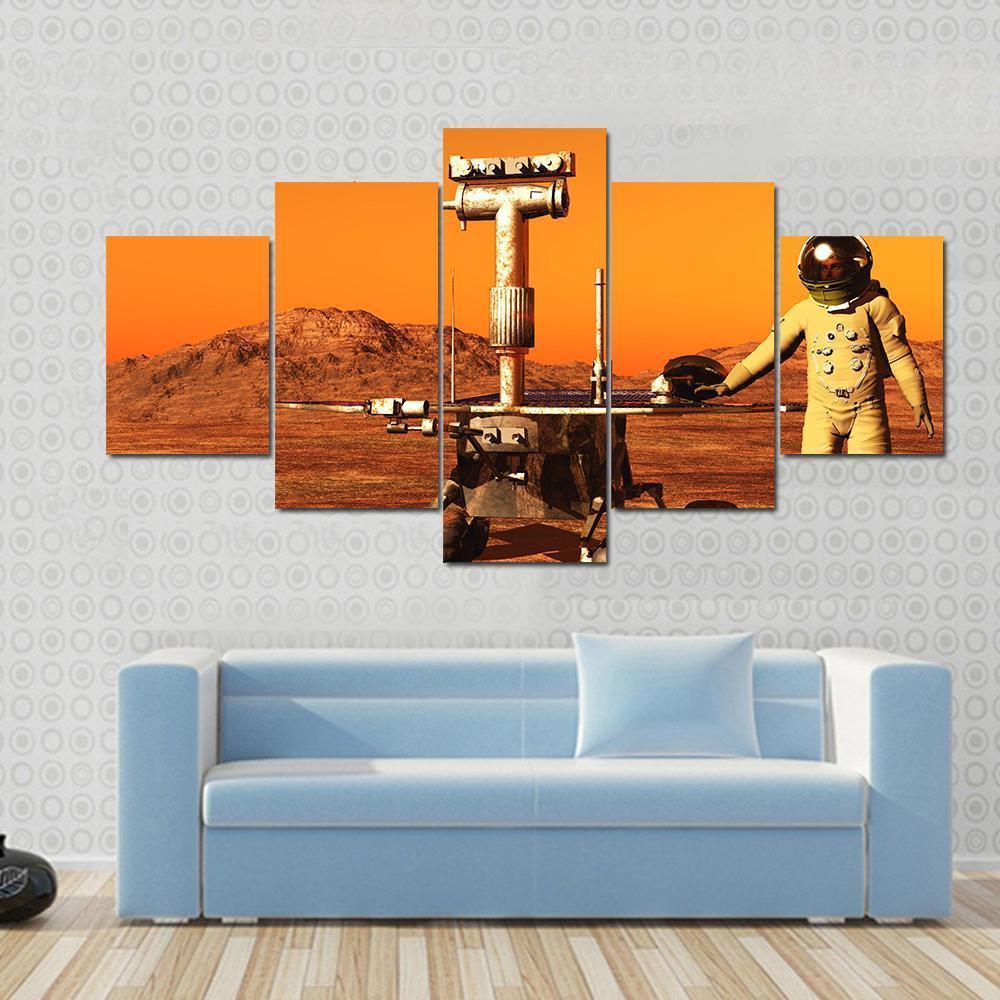 Astronaut &amp; Mars Rover Canvas Wall Art-5 Star-Gallery Wrap-62" x 32"-Tiaracle