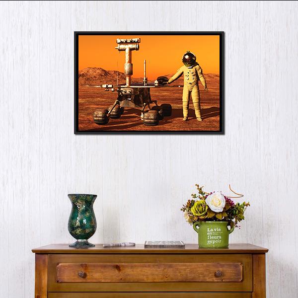 Astronaut &amp; Mars Rover Canvas Wall Art-1 Piece-Floating Frame-24" x 16"-Tiaracle