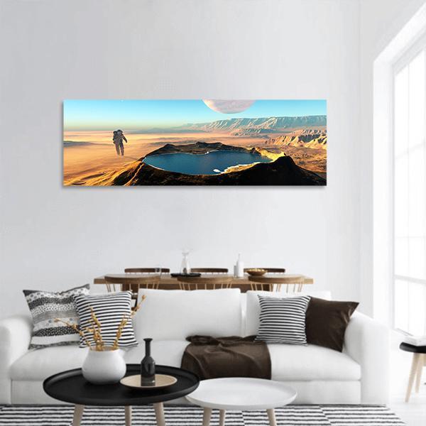 Astronaut Around The Crater Panoramic Canvas Wall Art-1 Piece-36" x 12"-Tiaracle