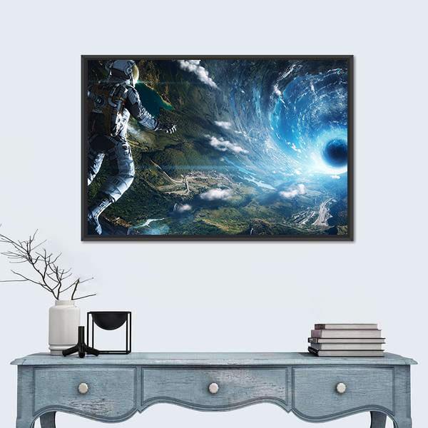 Astronaut In Artificial World Canvas Wall Art-1 Piece-Floating Frame-24&quot; x 16&quot;-Tiaracle