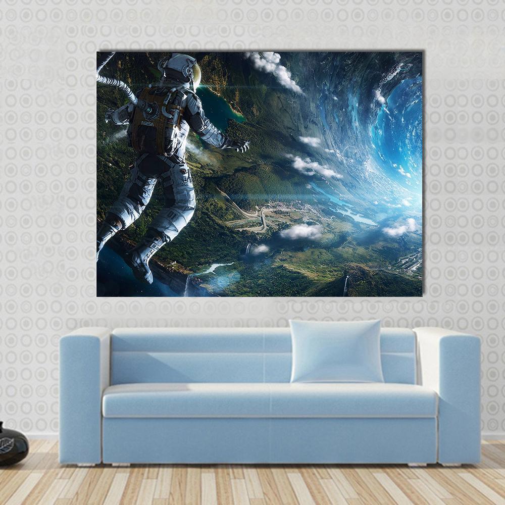 Astronaut in Artificial World Canvas Wall Art in black, green and blue, single panel hung on a wall