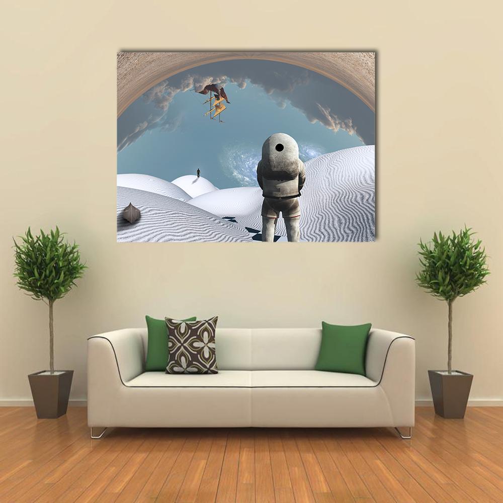 Astronaut in White Desert Canvas Wall Art in white, beige and blue, single panel hung on a wall
