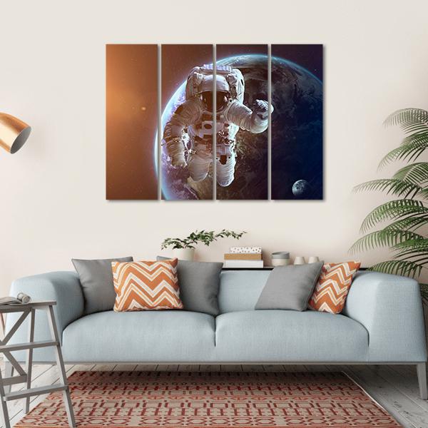 Astronaut Near Planet Earth Canvas Wall Art-4 Horizontal-Gallery Wrap-34" x 24"-Tiaracle