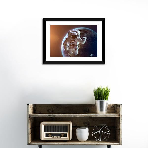 Astronaut Near Planet Earth Canvas Wall Art-1 Piece-Framed Print-20" x 16"-Tiaracle