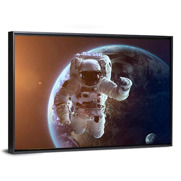 Astronaut Near Planet Earth Canvas Wall Art-3 Horizontal-Gallery Wrap-25" x 16"-Tiaracle