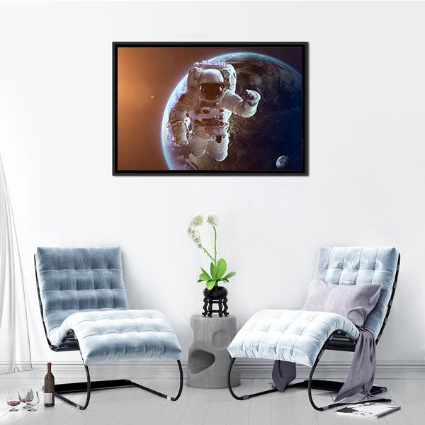 Astronaut Near Planet Earth Canvas Wall Art-3 Horizontal-Gallery Wrap-25" x 16"-Tiaracle