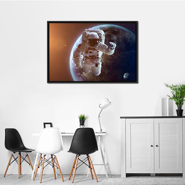 Astronaut Near Planet Earth Canvas Wall Art-3 Horizontal-Gallery Wrap-25" x 16"-Tiaracle