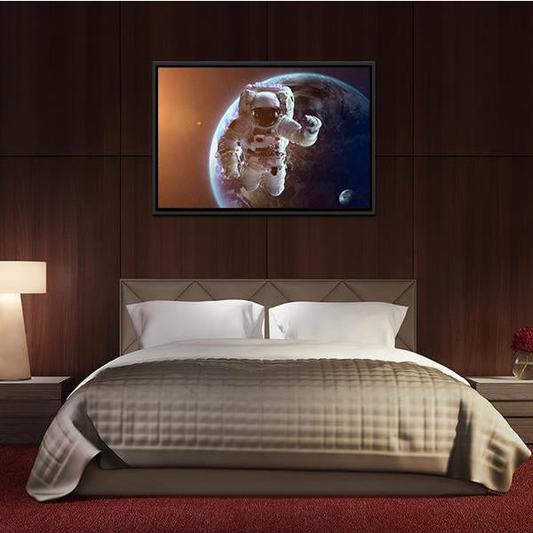 Astronaut Near Planet Earth Canvas Wall Art-3 Horizontal-Gallery Wrap-25" x 16"-Tiaracle