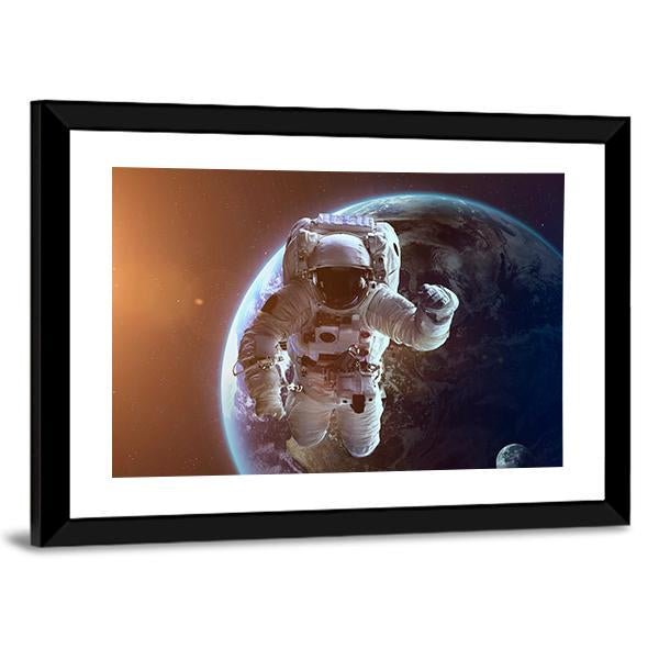 Astronaut Near Planet Earth Canvas Wall Art-3 Horizontal-Gallery Wrap-25" x 16"-Tiaracle