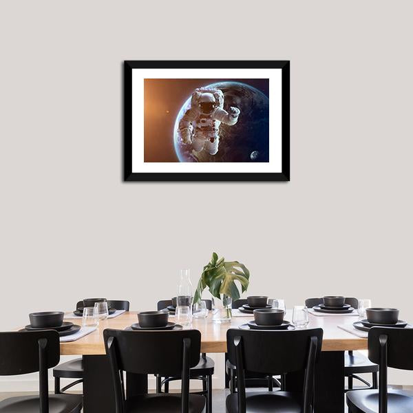 Astronaut Near Planet Earth Canvas Wall Art-5 Horizontal-Gallery Wrap-22" x 12"-Tiaracle