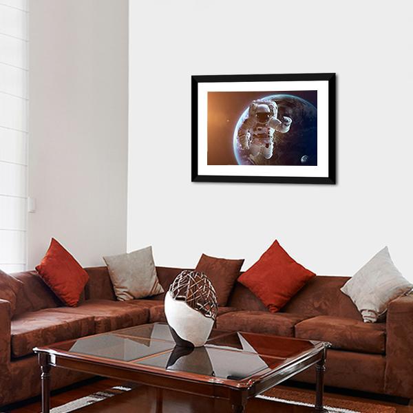 Astronaut Near Planet Earth Canvas Wall Art-3 Horizontal-Gallery Wrap-25" x 16"-Tiaracle