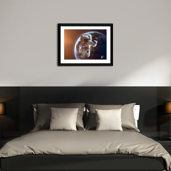 Astronaut Near Planet Earth Canvas Wall Art-3 Horizontal-Gallery Wrap-25" x 16"-Tiaracle