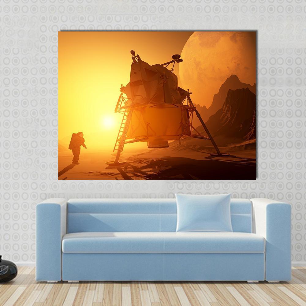Astronaut &amp; Moonwalker on Planet Canvas Wall Art in brown, orange and yellow, single panel hung on a wall