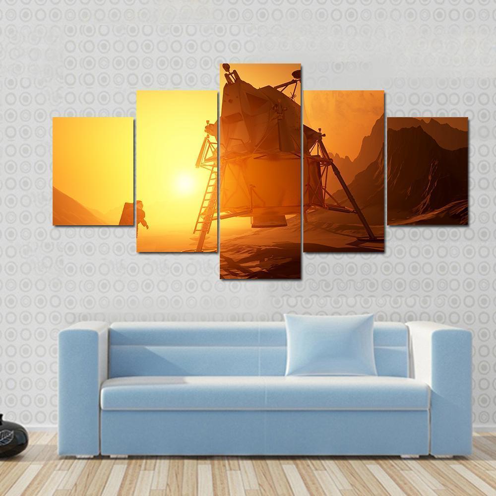 Astronaut & Moonwalker On Planet Canvas Wall Art-5 Star-Gallery Wrap-62" x 32"-Tiaracle