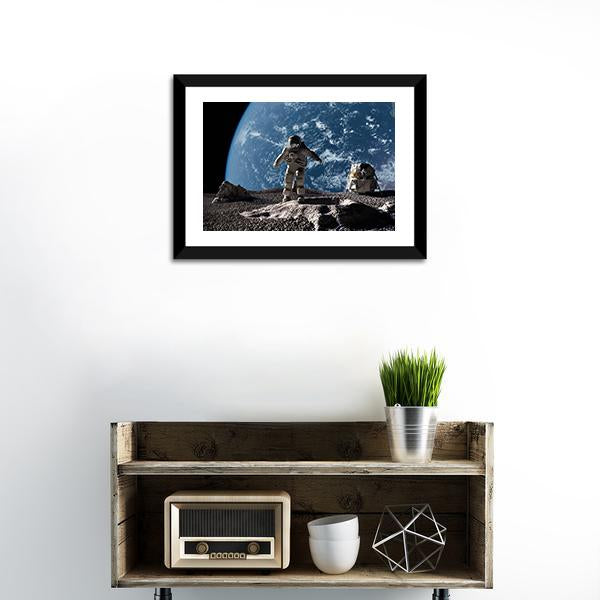 Astronaut On Asteroid Canvas Wall Art-1 Piece-Framed Print-20" x 16"-Tiaracle