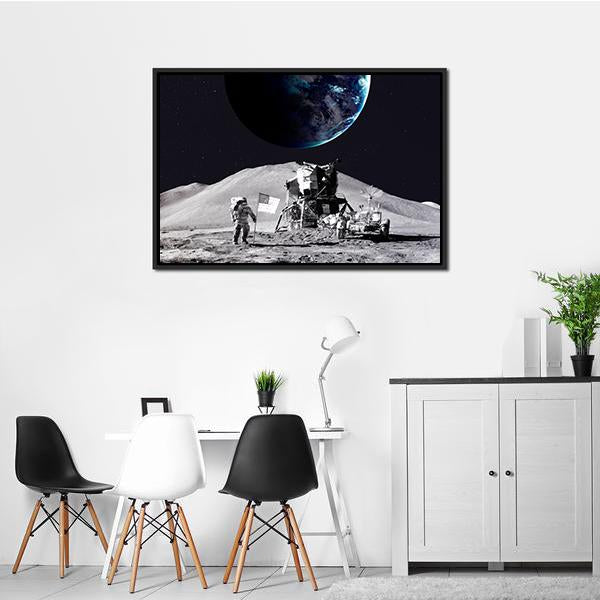 Astronaut On The Moon Canvas Wall Art-1 Piece-Floating Frame-24" x 16"-Tiaracle