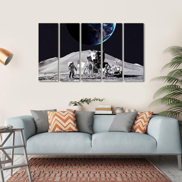 Astronaut On The Moon Canvas Wall Art-5 Horizontal-Gallery Wrap-22" x 12"-Tiaracle
