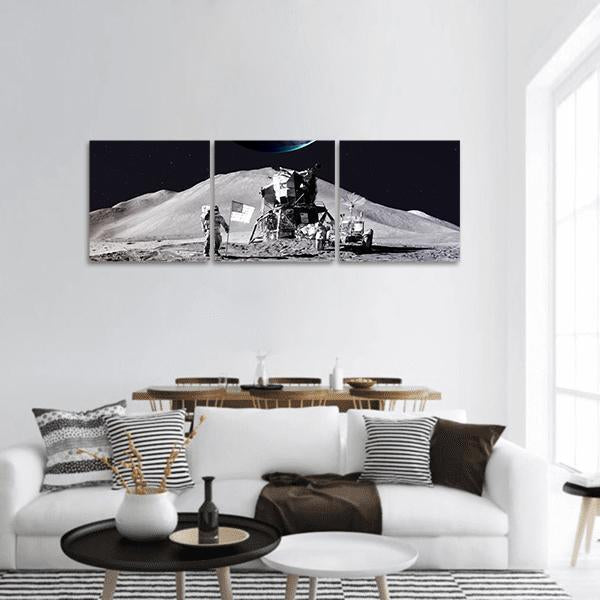 Astronaut on the Moon Panoramic Canvas Wall Art in black, white and gray, hung on a wall