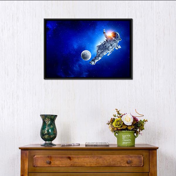 Astronaut Play Soccer Game Canvas Wall Art-1 Piece-Floating Frame-24" x 16"-Tiaracle