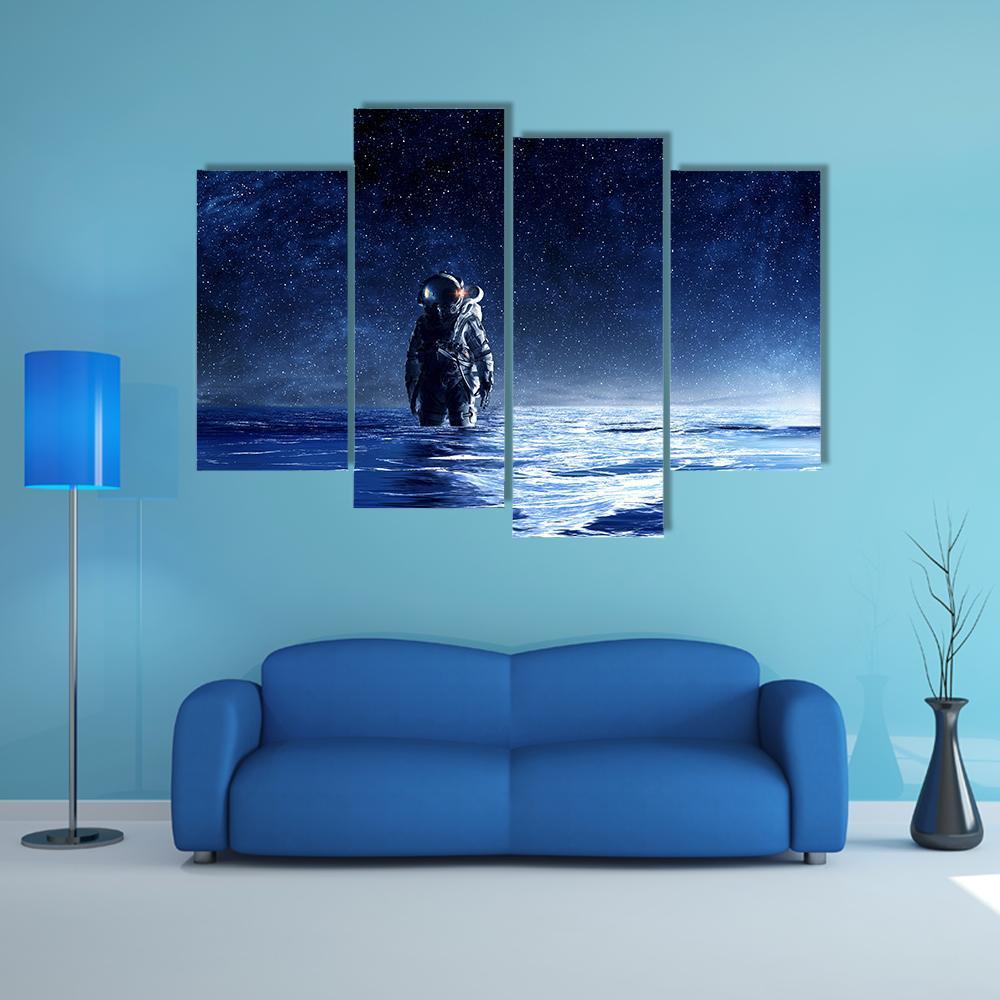 Astronaut Standing In Water Canvas Wall Art-4 Pop-Gallery Wrap-50" x 32"-Tiaracle