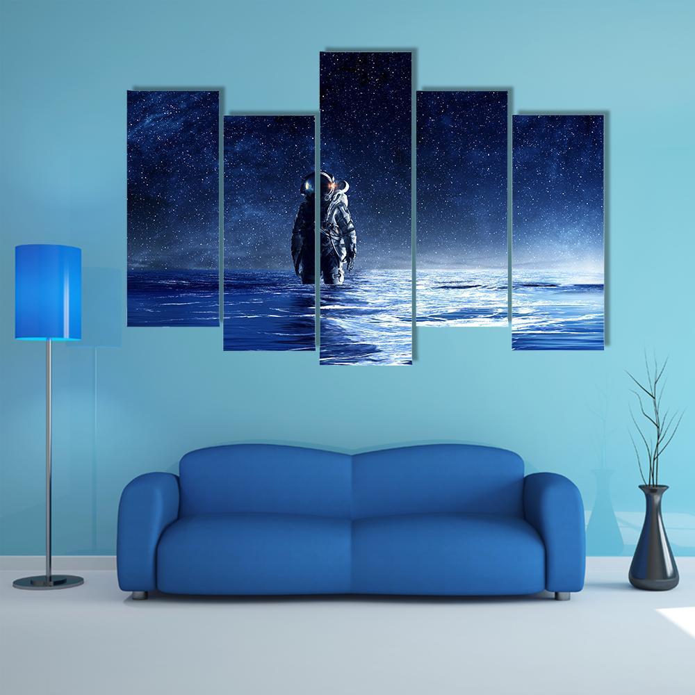 Astronaut Standing In Water Canvas Wall Art-5 Pop-Gallery Wrap-47" x 32"-Tiaracle