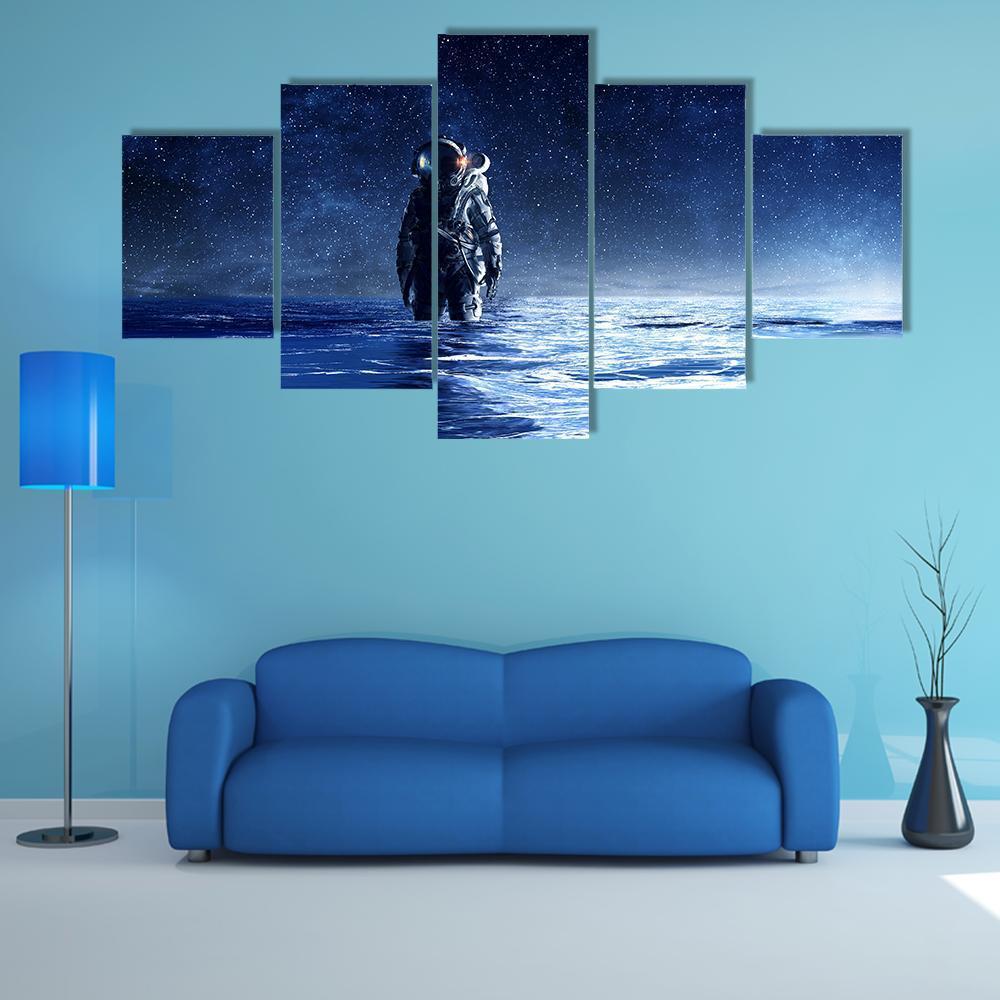 Astronaut Standing In Water Canvas Wall Art-4 Pop-Gallery Wrap-50" x 32"-Tiaracle