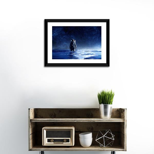 Astronaut Standing In Water Canvas Wall Art-1 Piece-Framed Print-20" x 16"-Tiaracle